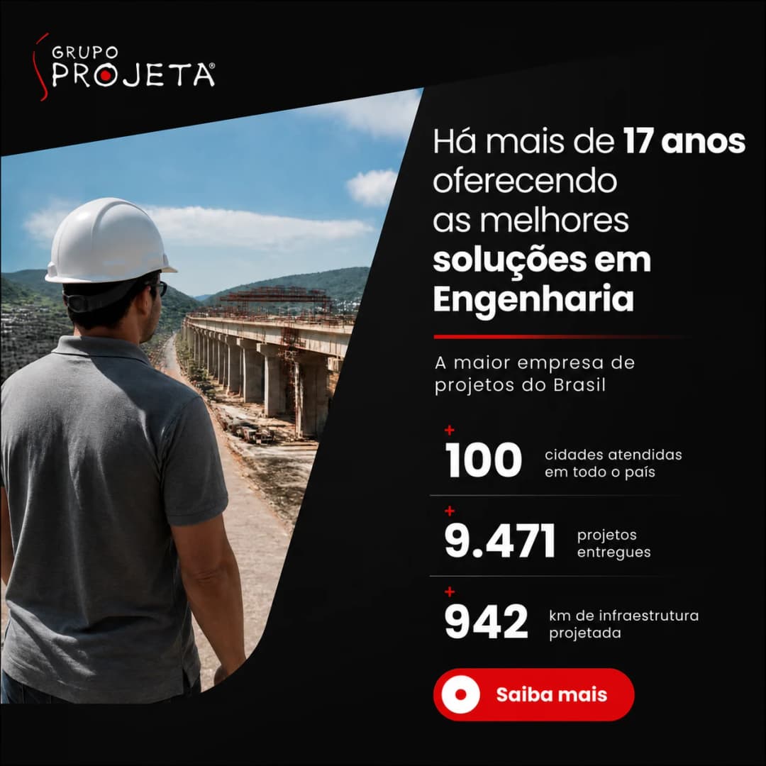 Grupo Projeta: há mais de 17 anos oferecendo as melhores soluções em engenharia. 100 cidades atendidas, 9.471 projetos entregues e 942 km de infraestrutura projetada.