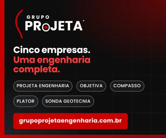 Grupo Projeta. Cinco empresas, uma engenharia completa: Projeta Engenharia, Objetiva, Compasso, Plator e Sonda Geotecnia.
