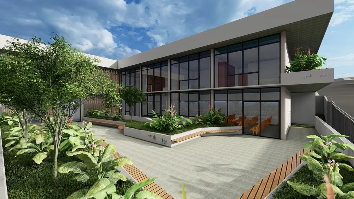 Projeto de edifício público com jardins em terraços, em imagem do Grupo Projeta