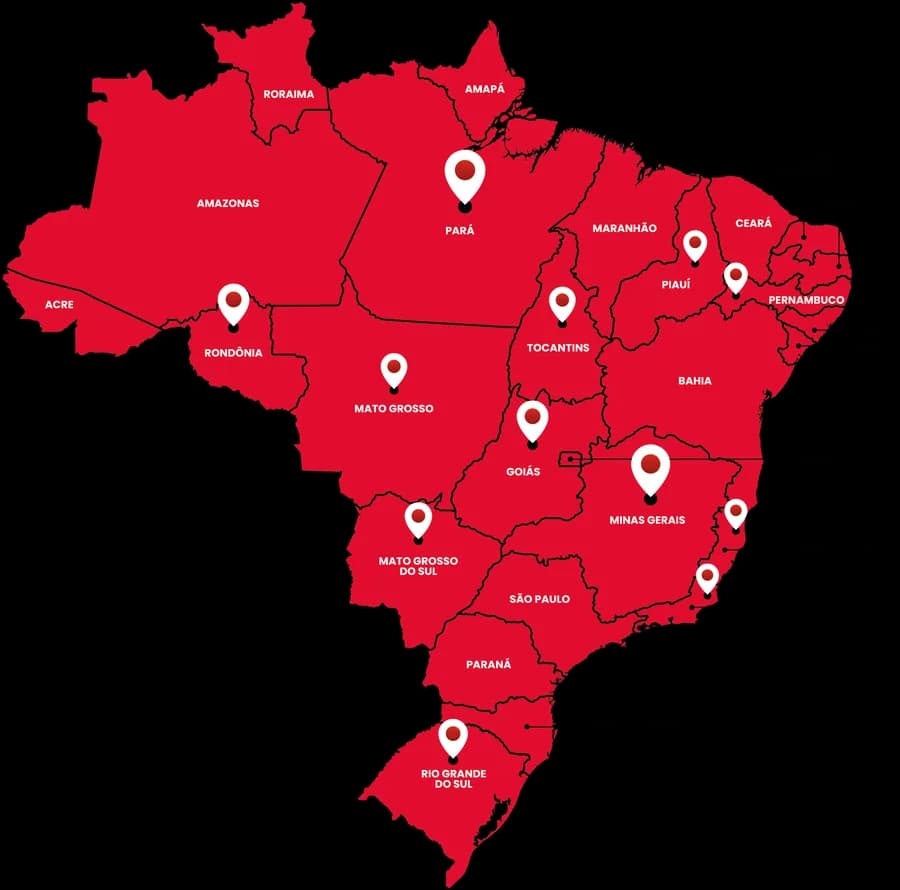 Mapa do Brasil destacando as praças atendidas pelo Grupo Projeta