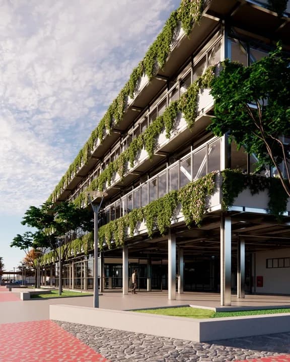 Imagem do projeto do Novo Centro Político de Alta Floresta, edifício com jardins em cada pavimento