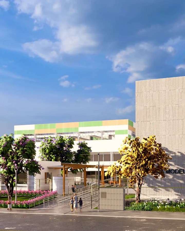 Imagem do projeto da Escola Modelo de Araguari, com fachada em brises e pátio arborizado