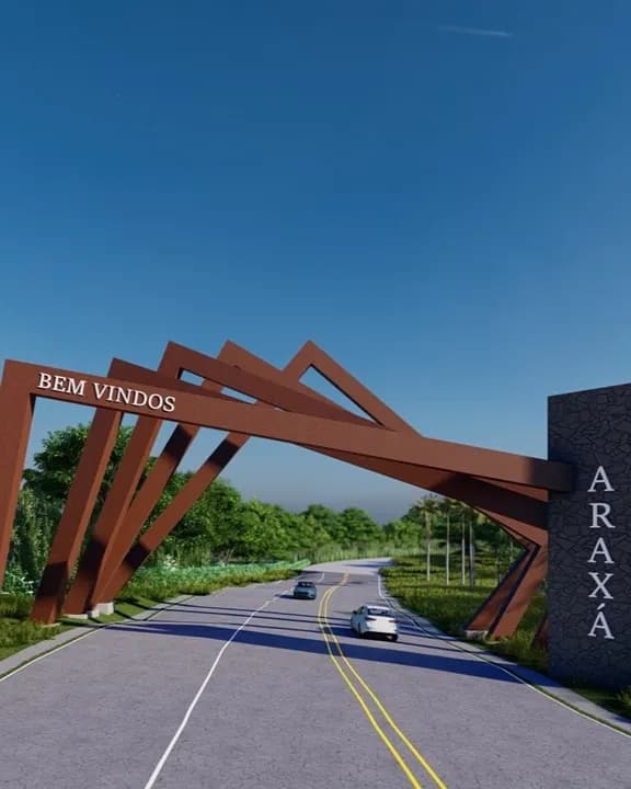 Imagem do projeto do pórtico de entrada de Araxá, em arcos metálicos sobre a rodovia