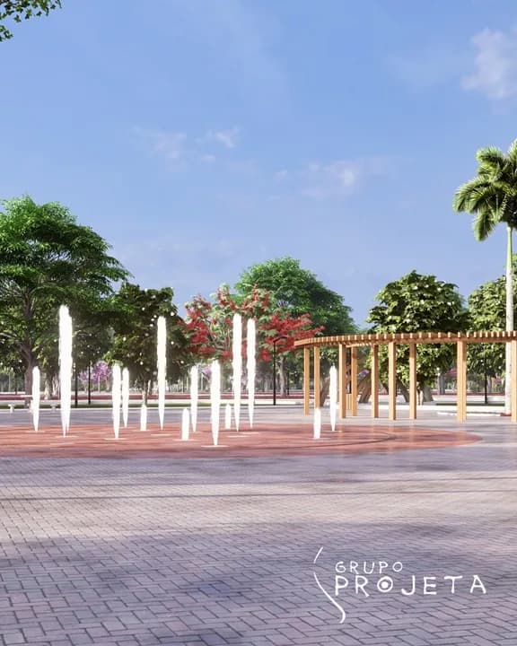 Imagem do projeto do Horto Municipal de Uberaba, com praça de espelhos d'água e pergolado