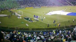Torcida e jogadores do Palmeiras em campo durante partida no estádio, foto de arquivo