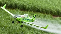 Avião agrícola verde com piloto na cabine pulverizando defensivo sobre uma lavoura; imagem de arquivo
