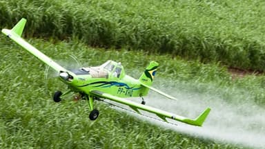 Avião agrícola verde com piloto na cabine pulverizando defensivo sobre uma lavoura; imagem de arquivo