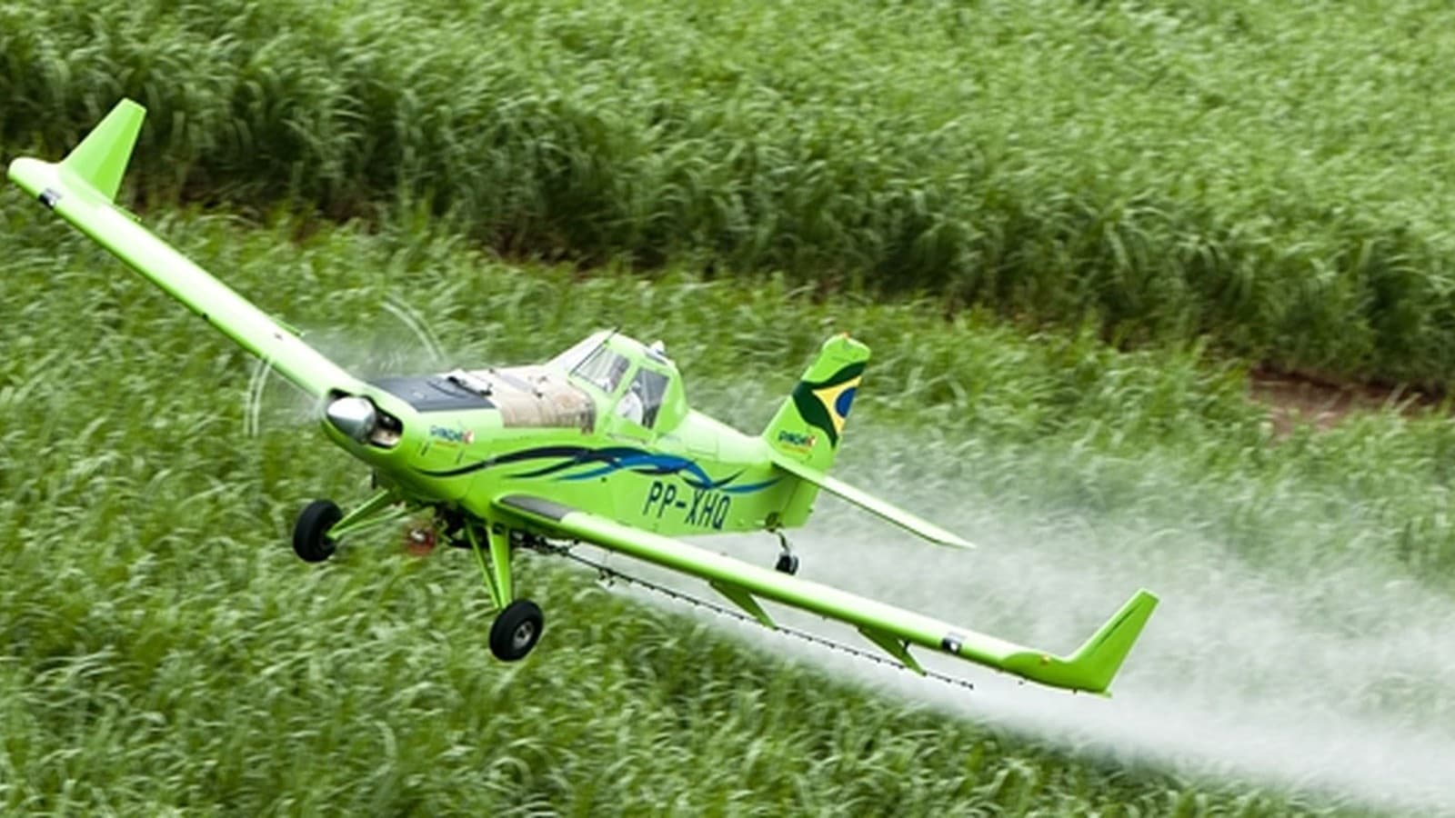 Avião agrícola verde com piloto na cabine pulverizando defensivo sobre uma lavoura; imagem de arquivo