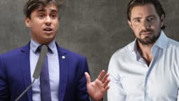 Montagem com os deputados Nikolas Ferreira, discursando na tribuna, e o banqueiro Daniel Vorcaro, em retrato