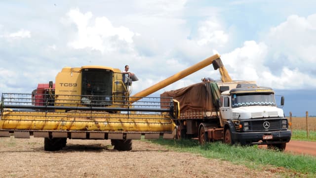 Colheitadeira carrega caminhão com soja em fazenda de Rondonópolis, Mato Grosso, em imagem de arquivo
