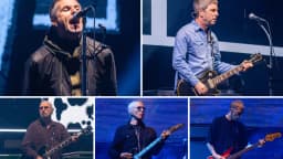 Colagem com Liam Gallagher, Noel Gallagher e o restante do Oasis tocando no Principality Stadium, em Cardiff, na turnê Live 25