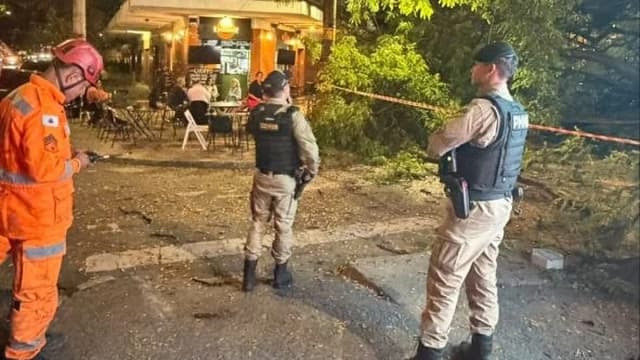 Bombeiro e policiais militares diante da árvore caída sobre a Rua Alvarenga Peixoto, em Belo Horizonte