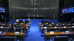 Vista do plenário do Senado Federal, com bancadas de madeira e cadeiras azuis em primeiro plano e senadores ao fundo durante sessão
