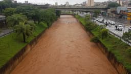 Córrego transbordando com água barrenta em via de Belo Horizonte durante temporal
