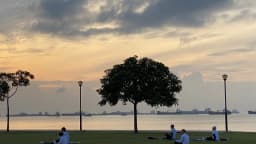 Grupo de pessoas pratica meditação sentado na grama à beira-mar