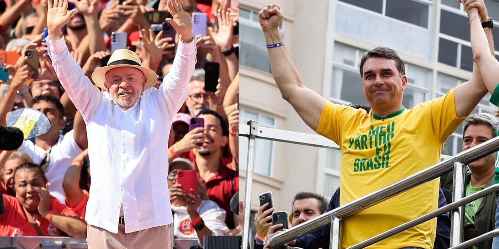 Montagem com Lula acenando para multidão à esquerda e Flávio Bolsonaro com punho erguido à direita, em atos de campanha