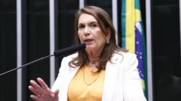 Deputada federal Bia Kicis fala ao microfone no plenário da Câmara dos Deputados, com bandeiras do Brasil ao fundo