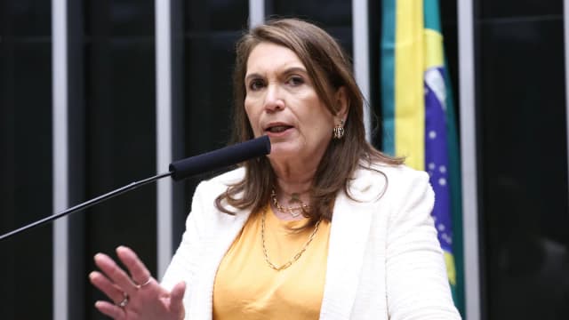 Deputada federal Bia Kicis fala ao microfone no plenário da Câmara dos Deputados, com bandeiras do Brasil ao fundo