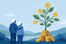 Ilustração: casal de idosos observando árvore de moedas, simbolizando investimentos na aposentadoria