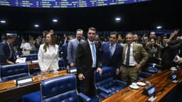 Senadores no plenário do Senado Federal, com Flávio Bolsonaro entre os presentes