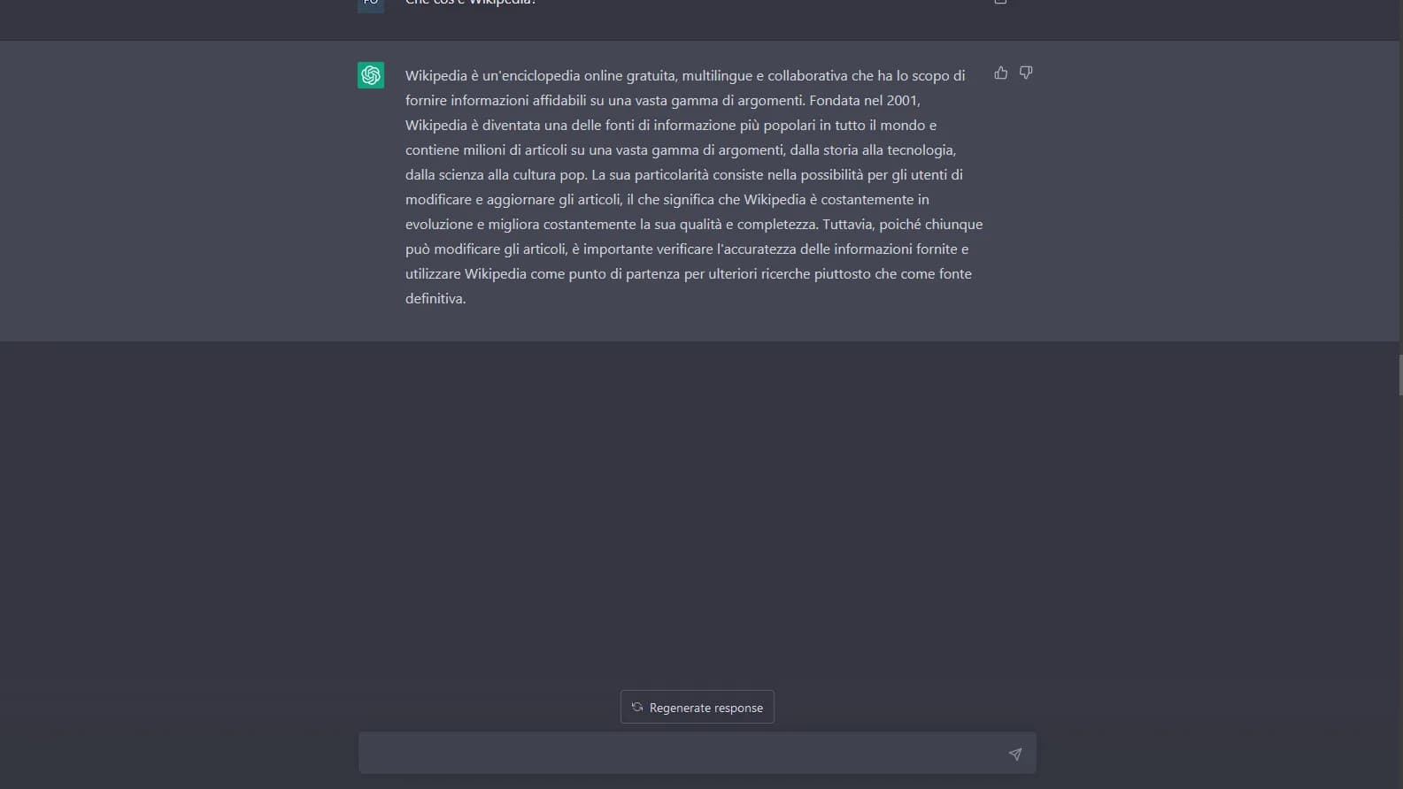 Tela do ChatGPT mostrando uma resposta do chatbot da OpenAI