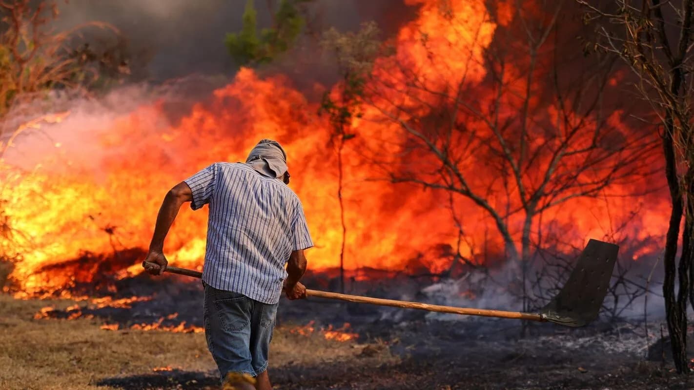 Homem combate incêndio com instrumento em área de vegetação em chamas