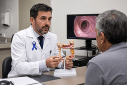 Médico usa um modelo anatômico do intestino para explicar a um paciente os sinais do câncer de intestino, com imagem de exame de colonoscopia exibida na tela ao fundo