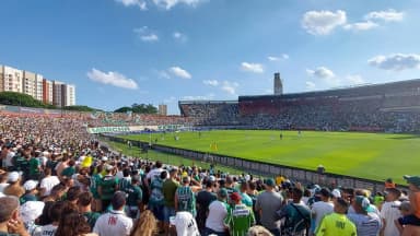Torcida do Palmeiras lota arquibancada em estádio durante jogo, com o time em campo ao fundo