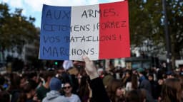 Manifestante segura cartaz com a bandeira da França durante protesto