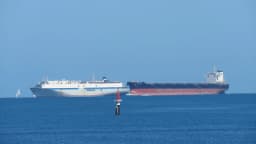 Navio graneleiro cruza com navio transportador de gado vivo no mar; foto ilustrativa do tipo de embarcação usada no comércio internacional de bovinos