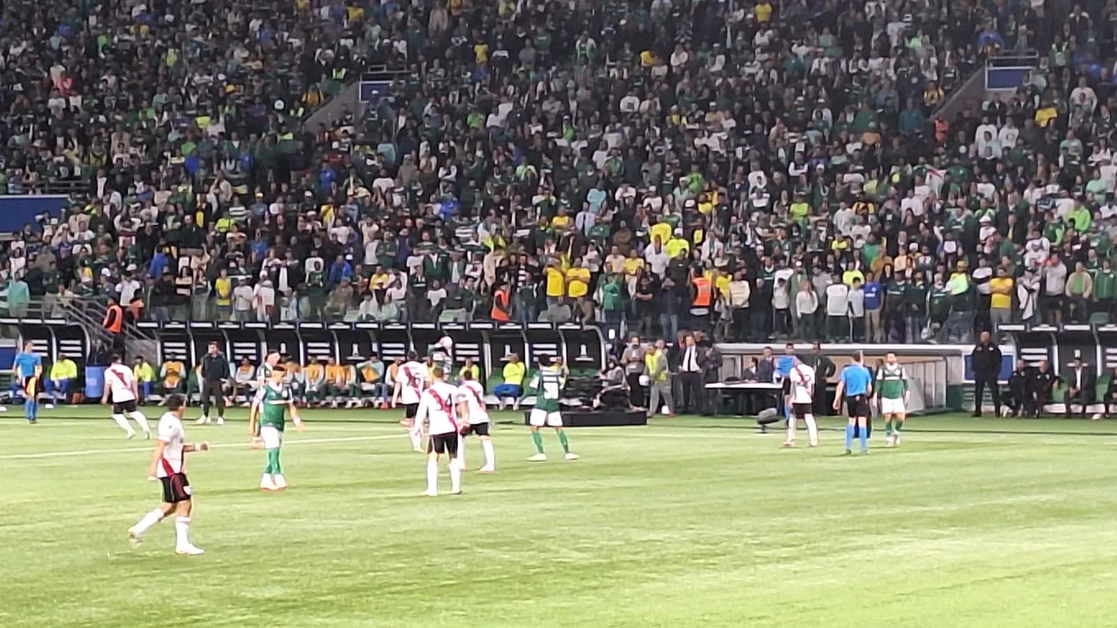 Jogadores do Palmeiras em campo durante partida da Libertadores, com estádio cheio ao fundo