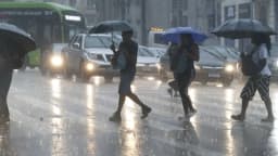 Pedestres caminham sob chuva forte com guarda-chuvas em via de São Paulo