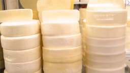 Peças de queijo Minas artesanal empilhadas em um expositor de loja, em foto de arquivo; a imagem não retrata o lote recolhido