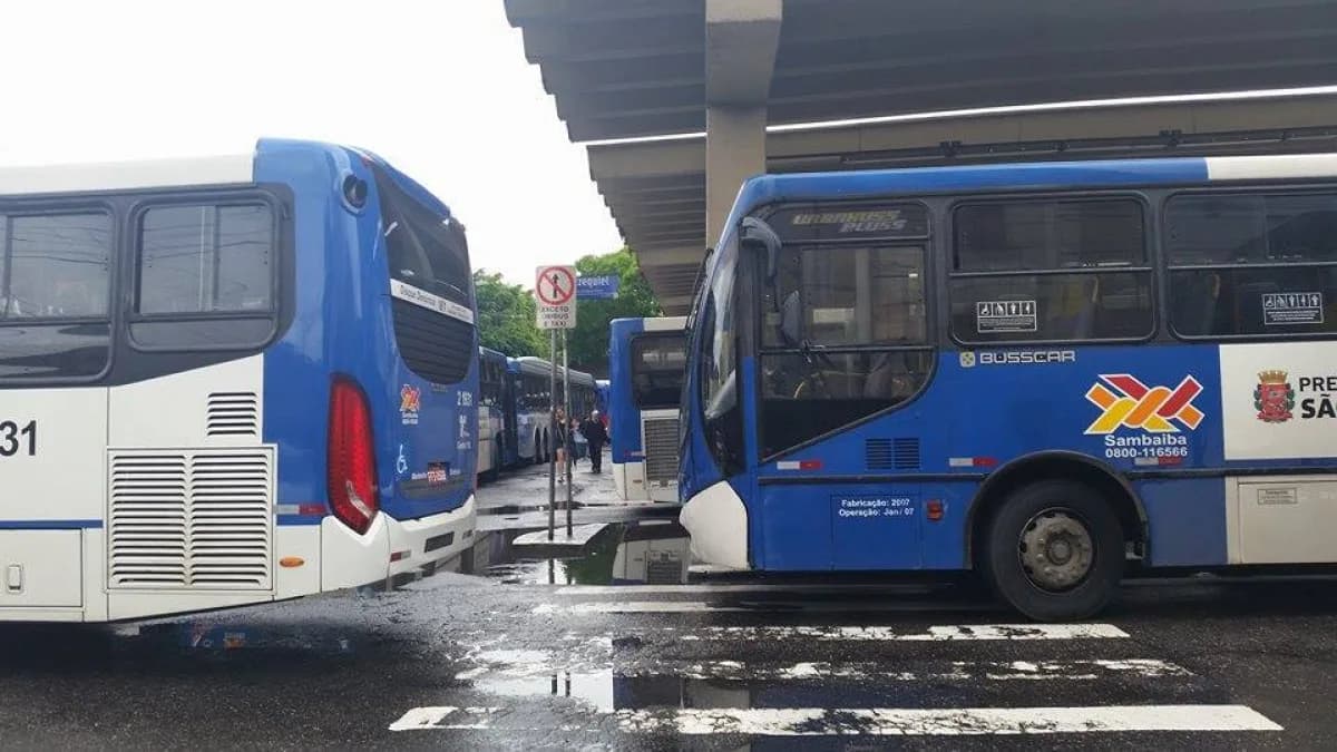 Ônibus municipais de São Paulo estacionados lado a lado em um terminal