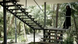 Escadaria externa de metal e madeira da Casa de Vidro de Lina Bo Bardi, cercada por vegetação, com pessoa de preto no topo