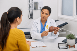 Médica em consultório mostra um modelo anatômico de fígado a uma paciente, usando um laço amarelo no jaleco em referência à campanha Julho Amarelo de prevenção e diagnóstico das hepatites B e C