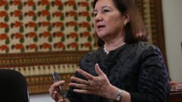Embaixadora Maria Luiza Ribeiro Viotti gesticula durante entrevista, vestindo blazer preto e colar de pérolas