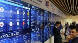 Painel eletrônico exibe resultados da apuração da eleição parlamentar russa em Moscou