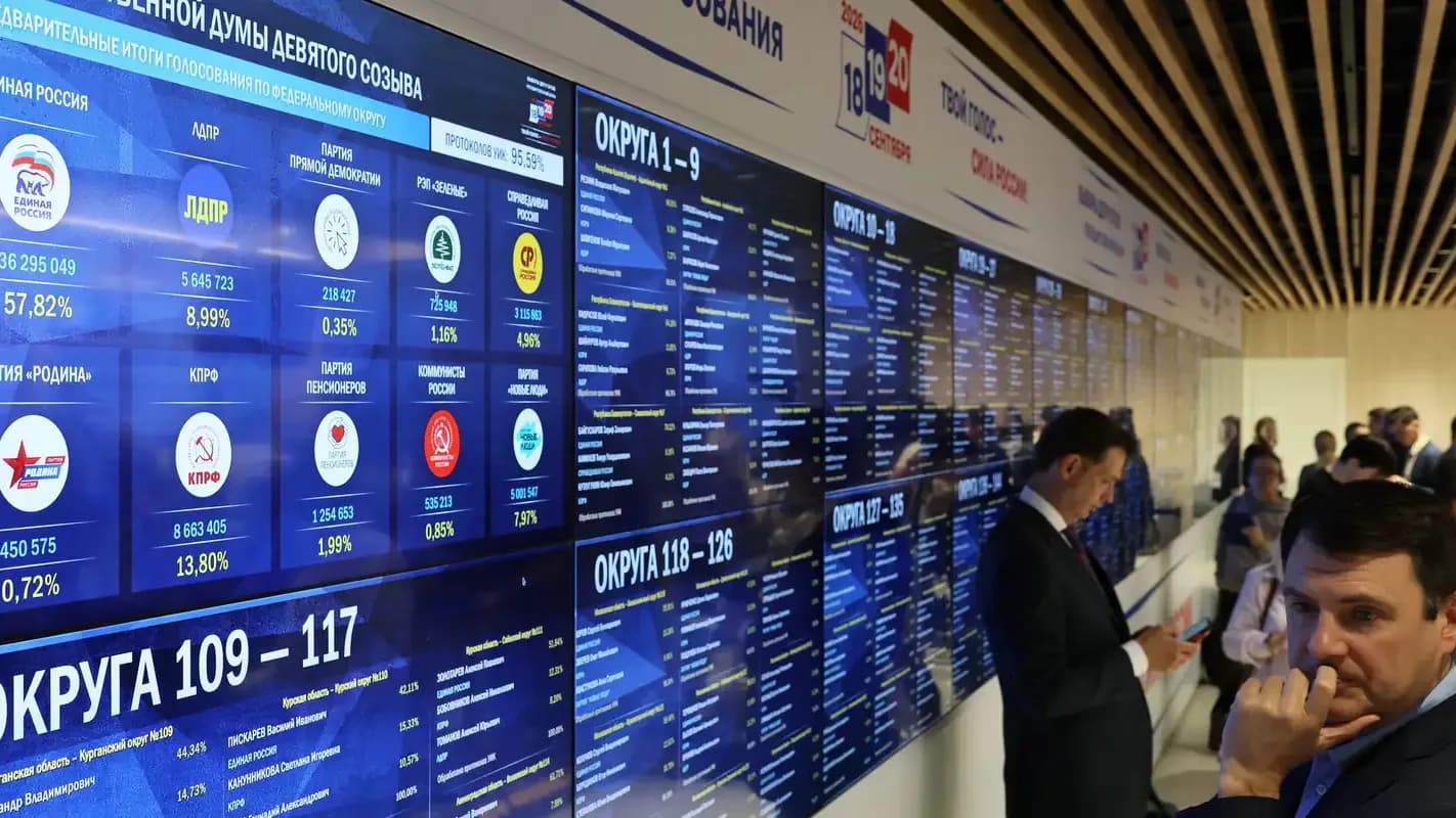 Painel eletrônico exibe resultados da apuração da eleição parlamentar russa em Moscou