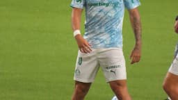 O atacante Paulinho, do Palmeiras, em campo com o uniforme do clube