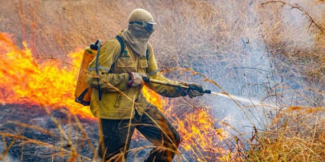 Brigadista do ICMBio combate incêndio em vegetação seca com jato d'água (foto de arquivo)