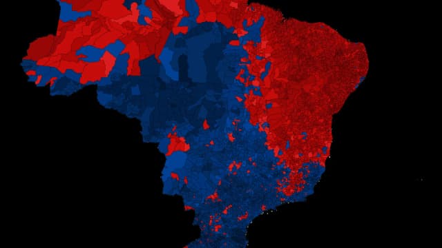 Mapa do Brasil com o resultado do 1º turno da eleição presidencial de 2026 por município