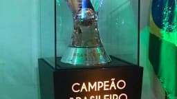 Troféu do Campeonato Brasileiro em exposição ao lado da bandeira do Brasil