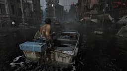 Cena do jogo The Sinking City 2, com o protagonista navegando pela cidade inundada de Arkham