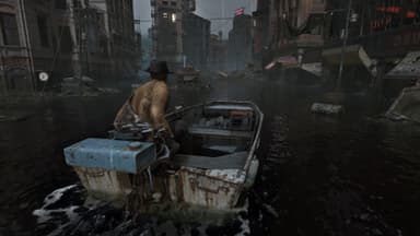 Cena do jogo The Sinking City 2, com o protagonista navegando pela cidade inundada de Arkham