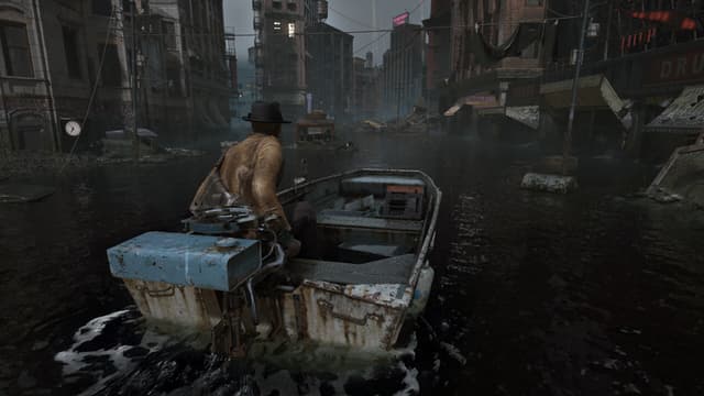 Cena do jogo The Sinking City 2, com o protagonista navegando pela cidade inundada de Arkham