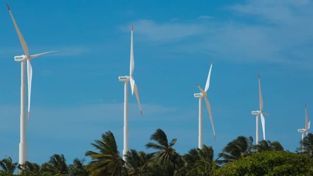 Parque eólico em operação no litoral do Brasil