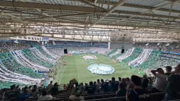 Estádio do Palmeiras lotado, com torcida usando bandeiras e faixas verdes e brancas