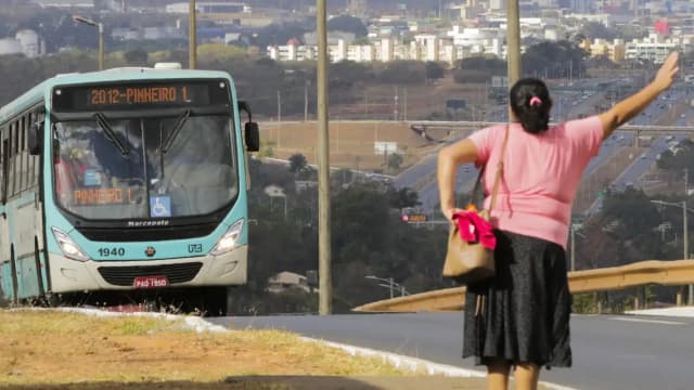 Mulher acena para ônibus coletivo em rodovia