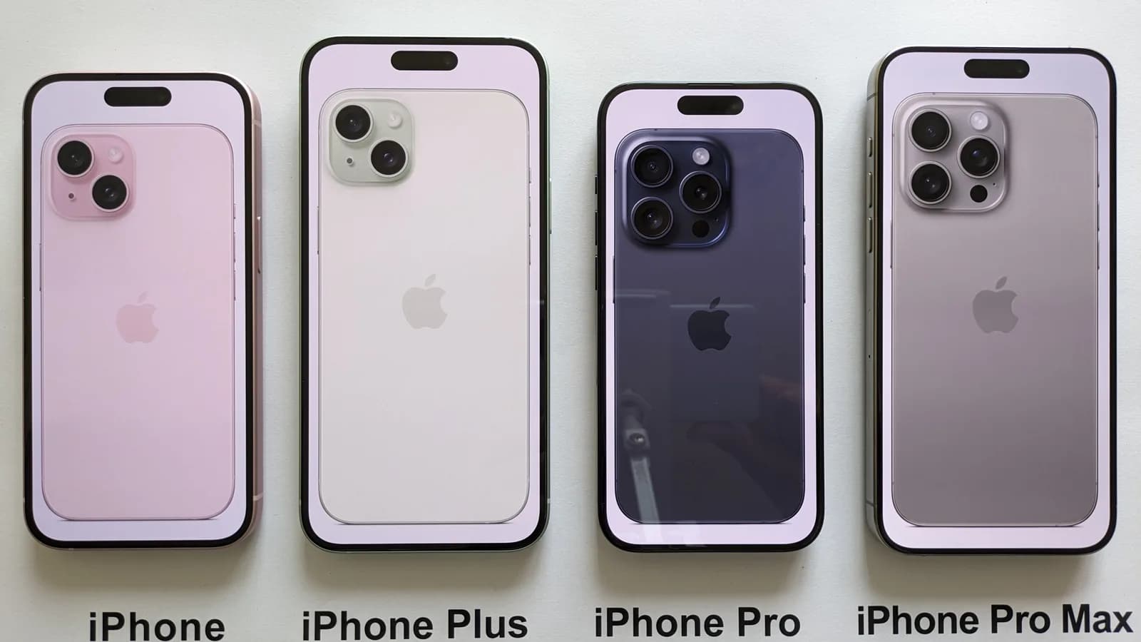 Quatro modelos de iPhone lado a lado: iPhone, iPhone Plus, iPhone Pro e iPhone Pro Max